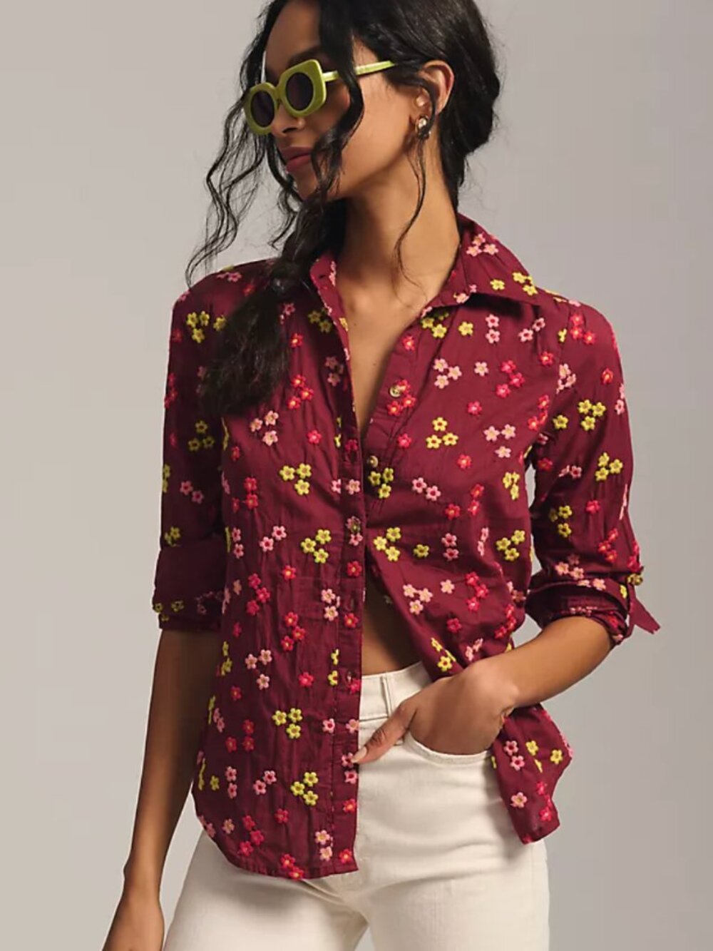 Anthropologie Maeve Embroidered Buttondown Blouse XL